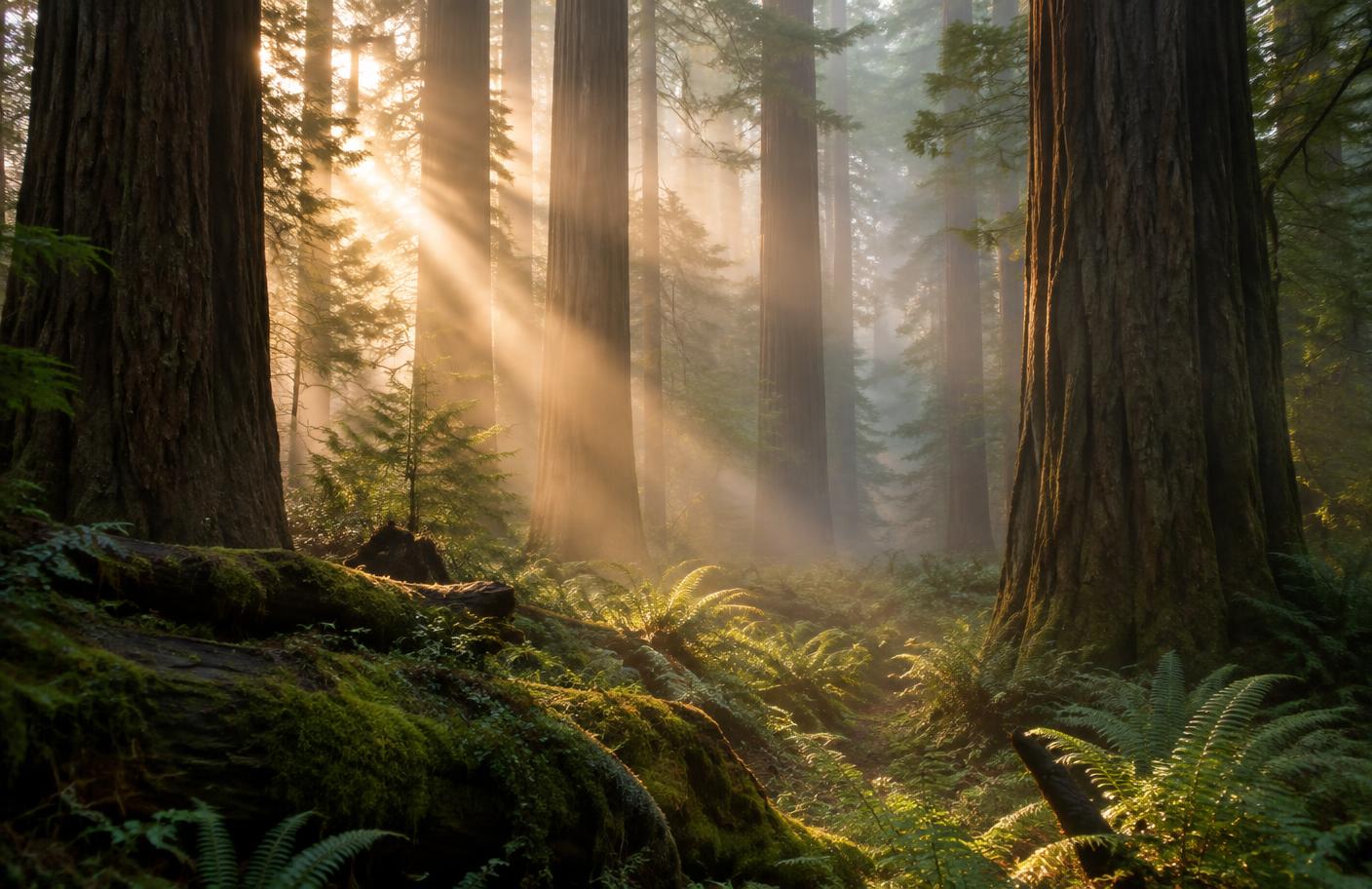 Sunbeams slanting through fog between redwood trunks in a quiet grove