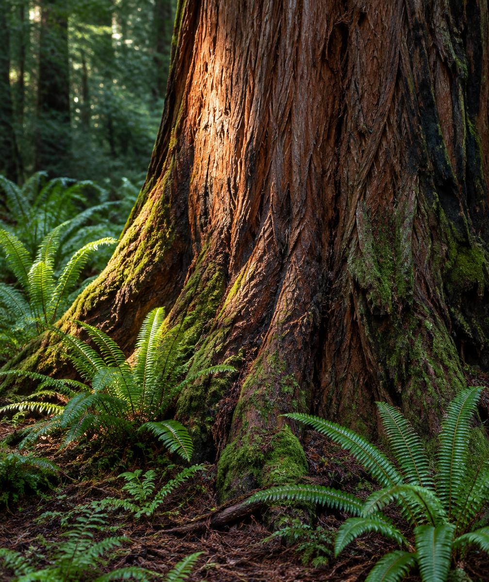 Sunlight on the flared base and furrowed bark of a giant redwood, ferns at its roots