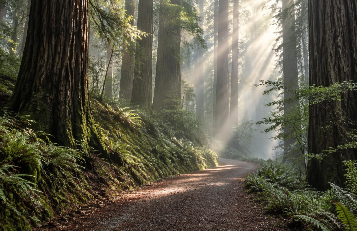 A quiet dirt path winding between redwood trunks in soft morning fog