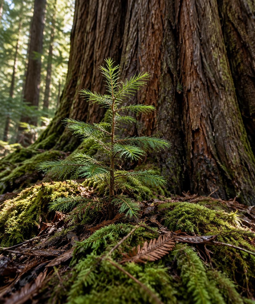 A young redwood sapling growing from moss at the base of an enormous furrowed trunk